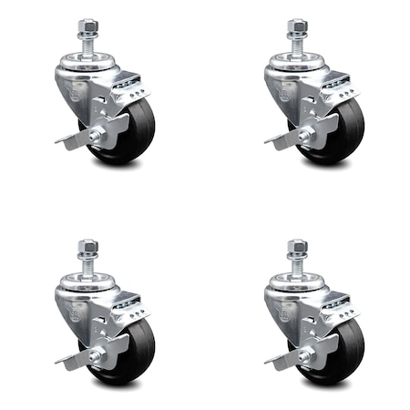 Service Caster 3 Inch Soft Rubber Wheel Swivel 3/8 Inch Threaded Stem Caster Set with Brake SCC SCC-TS20S314-SRS-TLB-381615-4
